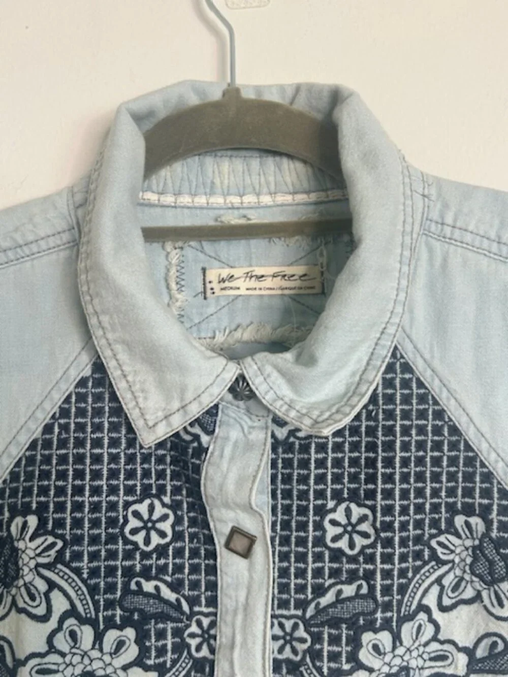 We the Free x Free People Western Wear Cutoff Denim Embroidered Fray Snap Top - Picture 2 of 16